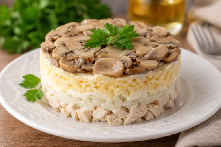 Салат Грибний з куркою, печерицями та сиром сулугуні рецепт